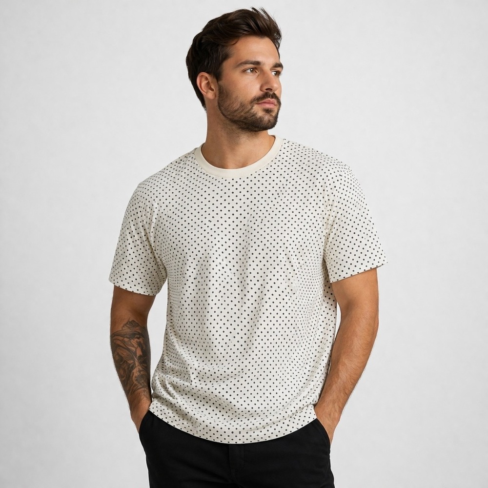 BYLT Lux Basic Crew Performance T Shirt Mens XL Ivory Black Polka Dot Stretch